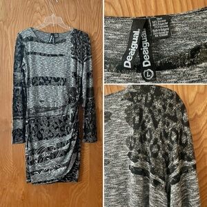 Desigual jersey dress, grayscale leopard and mixed print, size large